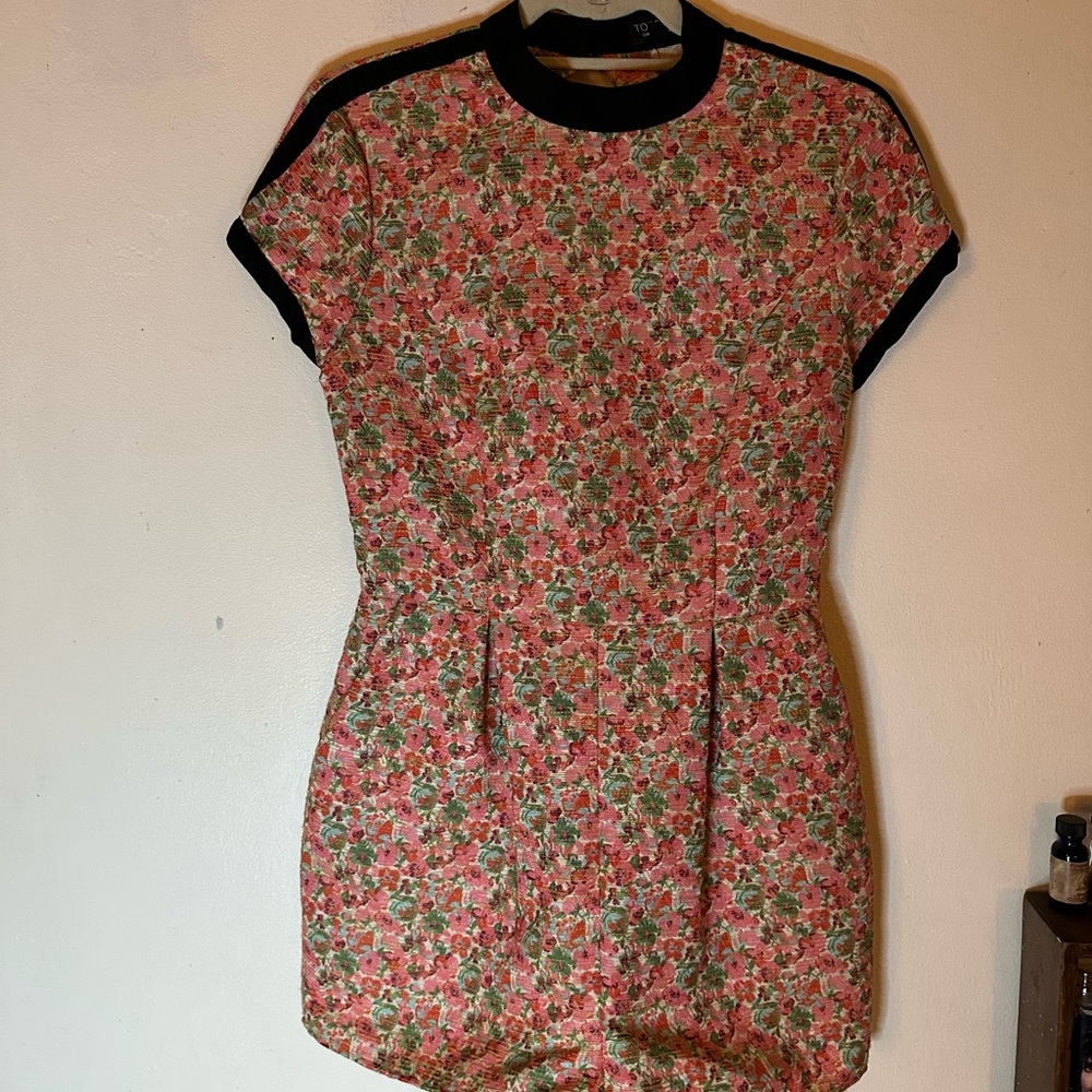 Topshop Floral Print Romper with Open Back and Pockets  - Pink and Green Size 6
